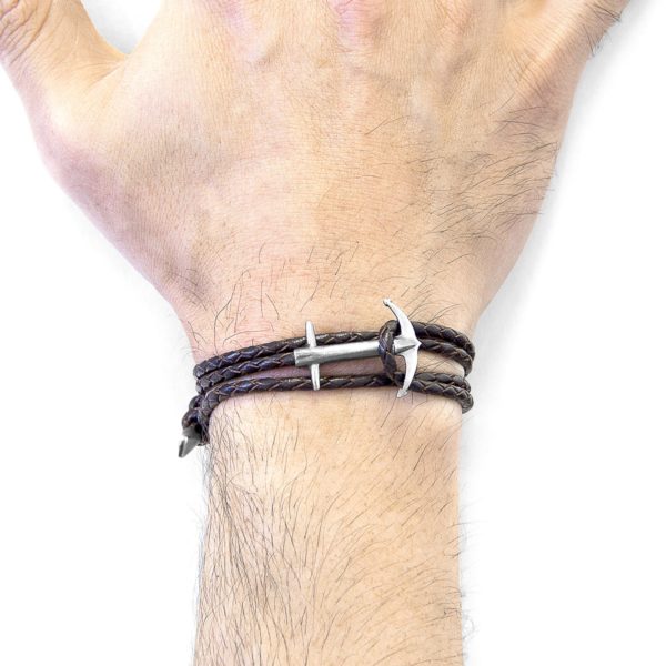 Admiral Anchor Silver and Braided Leather Bracelet - Dark Brown – Image 2